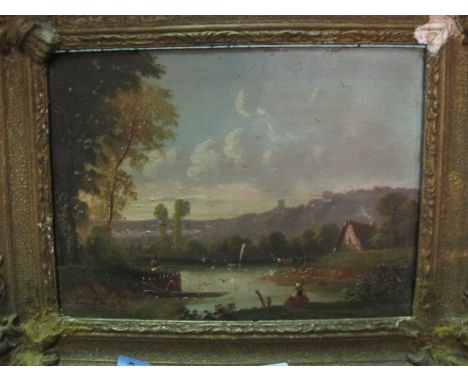 IRISH SCHOOL 19TH CENTURY
Landscape with Lake and Fishermen
Oil on Panel
In Ornate Gilt Frame
23cm x 31cm