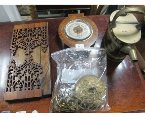 A VICTORIAN BRASS WATERING CAN together with a barometer, book rack etc