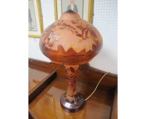 A CONTINENTAL PINK AND RUBY ETCHED GLASS LAMP moulded in relief with flowerheads and foliage with mushroom shade and baluster