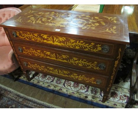 A CONTINENTAL WALNUT AND MARQUETRY CHEST of three drawers with ring brass handles and square tapering legs 93cm (h) x 117cm (