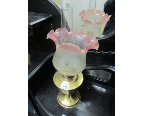A VICTORIAN BRASS TABLE LAMP with etched glass shade