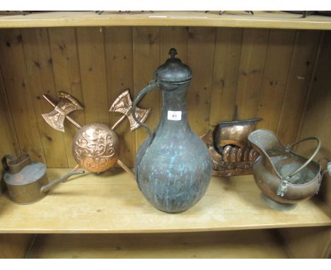 A COLLECTION OF COPPER WARE to include a Dutch coal helmet, watering can, lidded vase etc