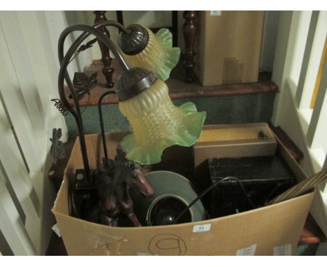 A MISCELLANEOUS COLLECTION to include art deco lamp, boxes etc