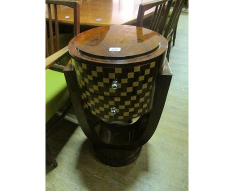 A PAIR OF ART DECO STYLE ROSEWOOD INLAID PEDESTALS each with a circular stepped top above two frieze drawers raised on a U sh