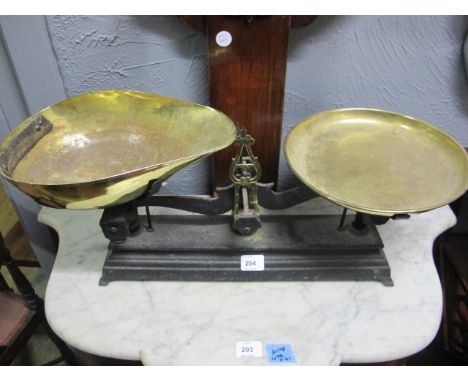 A VICTORIAN WEIGHING SCALES with brass pans
