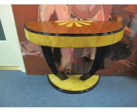 A PAIR OF ART DECO STYLE WALNUT AND ROSEWOOD D-SHAPED SIDE TABLES with fan shaped inlay and scroll supports 78cm (h) x 102cm 