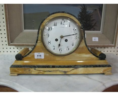 A SIENNA AND GREEN MARBLE MANTEL CLOCK the rectangular arched case with enamel dial raised on a rectangular base with block f