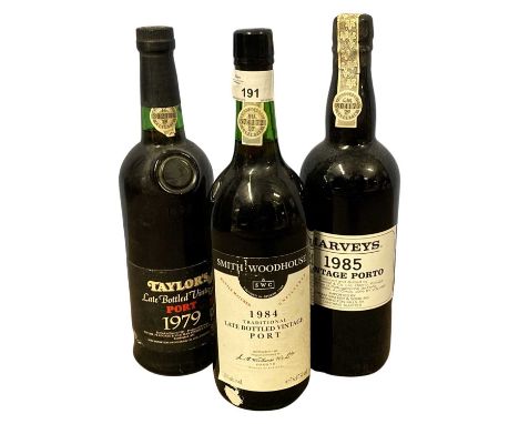 Four bottles of port - Harveys Vintage port 1985, Calem LBV Port, 1994, Taylors LBV port, 1979 and Smith &amp; woodhouse LBV 
