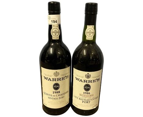 Two bottles of port- Warres Quinta Da Cavadinha Vintage Port, 1988 and Warres LBV port, 1986