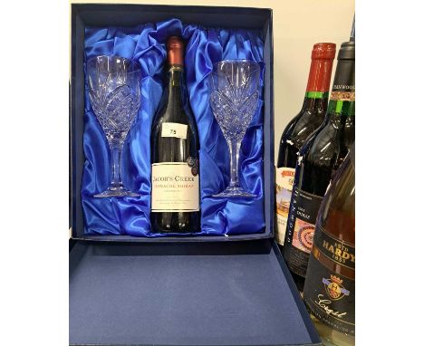 1 Bt 1995 McWilliams Hanwood Shiraz, 1 Bt 2003 Jacobs Creek Grenache Shiraz (in silk-lined gift box with 2 Rockingham Crystal