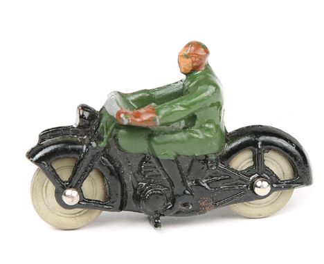 Dinky Toys Civilian Motorcyclist 37a. A 1930’s example, rider in dark green on black motorcycle without silver engine, fitted