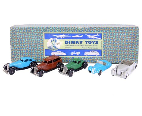 A rare Dinky Toys export set No3 ‘Private Automobiles’. Comprising 5 cars - Rover 36d in mid blue with closed black chassis. 