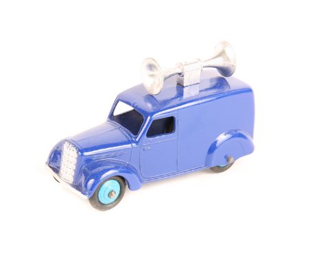 Dinky Toys Loud Speaker Van 34c. In bright blue with silver loud speaker, mid blue ridged wheels and black tyres. Mint.      