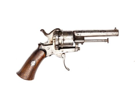 A Belgian 6 shot 7mm open frame DA pinfire revolver,  7” overall, octagonal barrel 3¼”, Liege proved, with folding trigger an