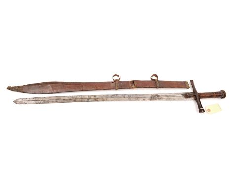 A late 19th cent Sudanese sword kaskara, flat blade 32½”, with stylized crescent marks, iron diamond section crossguard and l