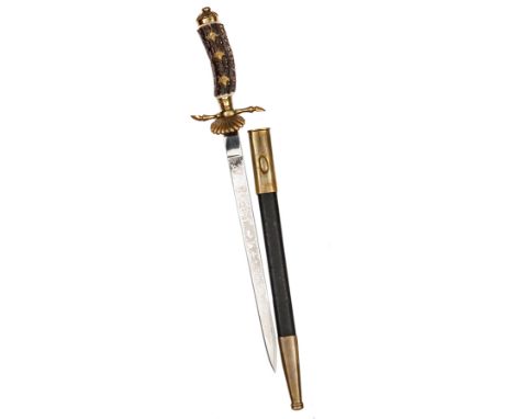 A 20th century German hunting cutlass,  plated blade 13” (slightly shortened and reground), etched with stags amid foliage, s