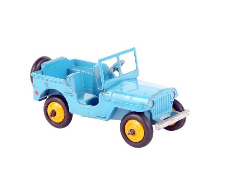 A rare Dinky Toys Jeep 25J 1947-1948. In sky blue with yellow wheels and black tyres, with screen, open steering wheel and sp