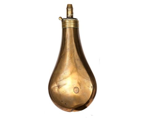 A large plain copper powder flask, brass top marked Sykes Patent, graduated nozzle marked “Sykes” with 3 unmarked slot positi