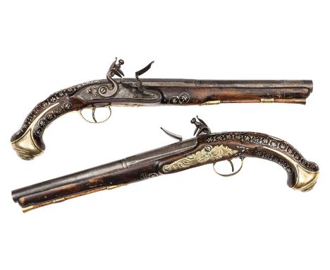 A pair of 20 bore flintlock holster pistols made for the Eastern market, by Bartrum, c 1800, 17” overall, 2 stage barrels 10¾