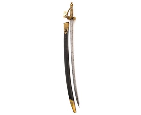 A mid 18th century infantry hanger,  curved blade 26”, with back fuller to within 6” point, brass hilt with heart shaped guar