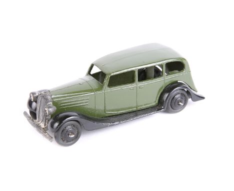 Dinky Toys Vauxhall 30d. An example in gloss olive green with black closed chassis, ridged black wheels and black tyres. VGC-