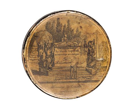 A French black papier mache snuff box to the Imperial Guard, painted designs, on the front a stone memorial inscribed “La Gar