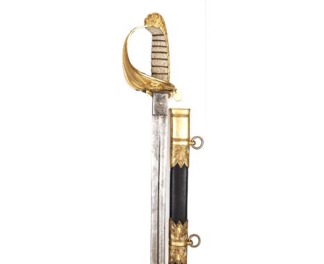 A Vic RN officer’s sword, slightly curved, fullered blade 29½”, by Moore & Jupp, London, etched with R Arms and motto on one 