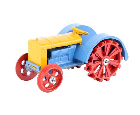 A ‘Modelled Miniature’ ‘HORNBY SERIES’ Farm Tractor 22e. An example in yellow, blue and red. An example with a hook! VGC for 