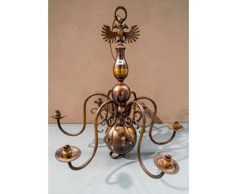 A 20th CENTURY DUTCH STYLE GILDED METAL 6 BRANCH CENTRAL LIGHT FITTING with eagle decoration 75cm high 