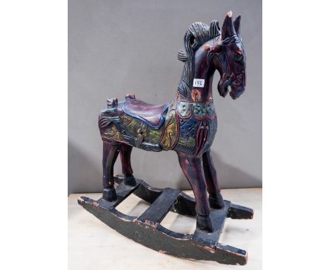 CARVED PAINTED HARDWOOD ROCKING HORSE,&nbsp; acoustic guitar, tricycle, squash raquet, rounders bat and Chinese checkers boar