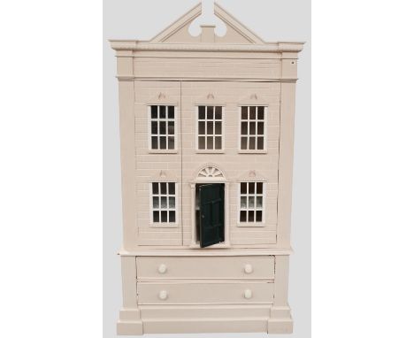 AN ARCHITECTURAL PAINTED NURSERY CABINET IN THE FORM OF A GEORGIAN TOWN HOUSE with swan neck pediment over an opening front r