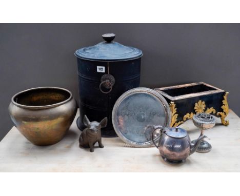 SILVER PLATED GALLERY TRAY, POSY VASE AND TEAPOT, BRASS JARDINERE, vintage metal coal pedonium, cast metal pig ornament and o