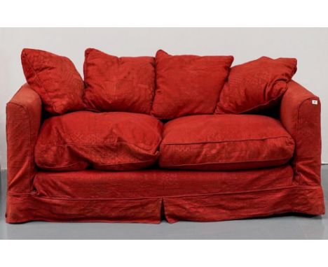 MODERN 3-SEAT RUST RED BROCADE UPHOLSTERED SOFA and matching 2-seat sofa with loose covers 71 x 209 x 94 cms CONDITION:Frames