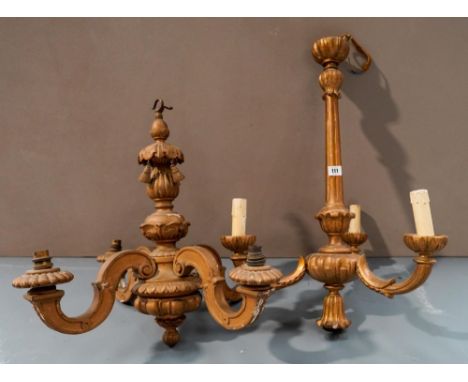 A GILDED CARVED CONTINENTAL STYLE WOODEN 4 BRANCH CENTRAL LIGHT FITTING and gilded wooden 3 branch central light fitting 68cm