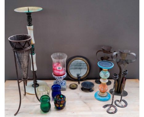 COLLECTION OF CANDLESTICKS AND CANDLE HOLDERS including a pair of hand made brass candle holders in stylised female form, ony