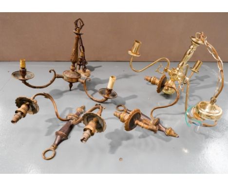 AN EMBOSSED PATTERN 3 BRANCH CENTRAL LIGHT FITTING, pair of similar wall sconces and modern brass central light fitting 32 cm