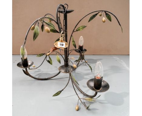 A CONTEMPORY 3 BRANCH OLIVE DECORATED CENTRAL LIGHT FITTING 44cm high 