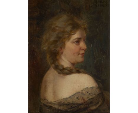 MÜLLER-SCHÖNEFELD1838 - c. 1872FRAUENBILDNIS MIT NACKTEN SCHULTERN Öl auf Holz. 13,5 x 10 cm (R. 28,5 x 25 cm). Signiert oben