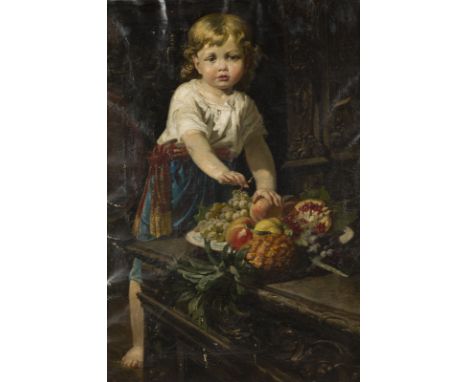 GUSTAV GERSON FÜRST1840 Berlin - 1918 ebendaPORTRAT EINES KINDES, DAS AN EINEM TISCH MIT FRÜCHTEN STEHT Öl auf Leinwand, doub