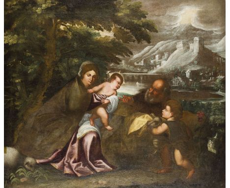 VENEZIANISCHE SCHULE DES 16. JH.HEILIGE FAMILIE MIT DEM JOHANNESKNABEN Öl auf Leinwand (altdoubl.). 83 x 98 cm (R. 95,5 x 109