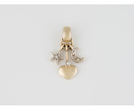 ANHÄNGER Gelbgold. L. 3,5 cm, Ges.-Gew. ca. 8,5 g. Geprüft 14 K. Fünf Brillanten, zusammen ca. 0,085 ct.