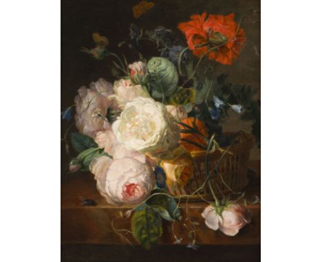 WILHELMINE SCHLEICHERtätig in den 1860er JahrenSTILLLEBEN MIT BLUMEN UND INSEKTEN. 1863 Öl auf Leinwand. 40 x 31 cm (R. 50 x 