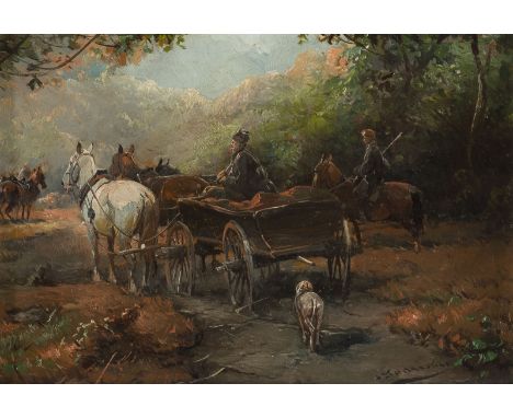 JAN KONARSKIPolnischer Maler, 1850 - 1918KUTSCHENFAHRT Öl auf Karton. 13,3 x 19 cm (R. 23 x 28,5 cm). Signiert unten rechts '