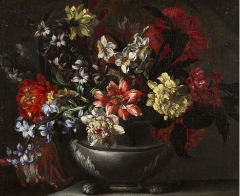 JEAN-BAPTISTE MONNOYER (WAHRSCHEINLICH)1636 Lille - 16. Februar 1699 LondonGROSSES BLUMENSTILLLEBEN Öl auf Leinwand (doubl.).
