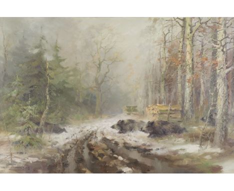 MANFRED SCHATZ1925 Bad Stepenitz am Stettiner Haff - 2004 MeerbuschWILDSCHWEINE IN VERSCHNEITER LANDSCHAFT Öl auf Leinwand. 8