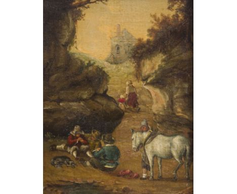 PHILIPS WOUWERMANS (IN DER ART DES)1619 Haarlem - 1668 ebendaHIRTENFAMILIE BEI DER RAST Öl auf Leinwand auf Platte. 15,5 x 13