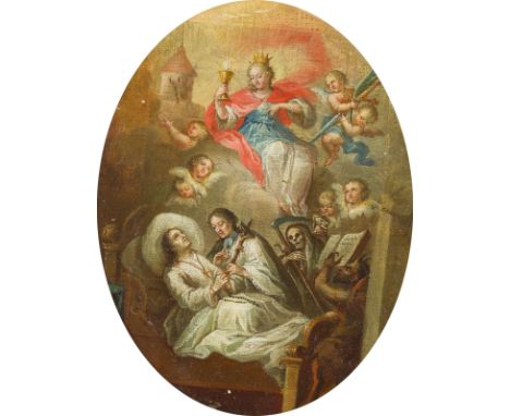 SÜDDEUTSCH-ÖSTERREICHISCHE SCHULE DES 18. JH.DIE BEICHTE VOR DEM TODE, IM HIMMEL SCHWEBEND DIE JUNGFRAU MARIA, UMGEBEN VON EN