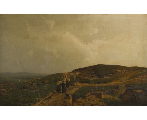 FERDINAND HOPPE1848 Dorpat - 1890 KölnLANDSCHAFT MIT DREI FRAUEN AUF DER LANDSTRASSE Öl auf Leinwand, altdoubl.. 56 x 88 (R 8