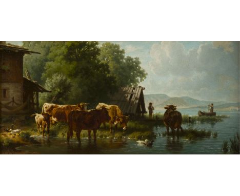 CARL HEINRICH HOFFMANN1818 - 1896VIEHHERDE AM SEE Öl auf Holz. 16 x 31,5 cm (R. 31,5 x 47 cm). Monogrammiert unten links. Ver
