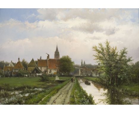 WILLEM KOEKKOEK1839 Amsterdam - 1895 Nieuwer-AmstelLANDSCHAFT MIT DORF IM HINTERGRUND Öl auf Leinwand. 41 x 59 cm (R. 70 x 88